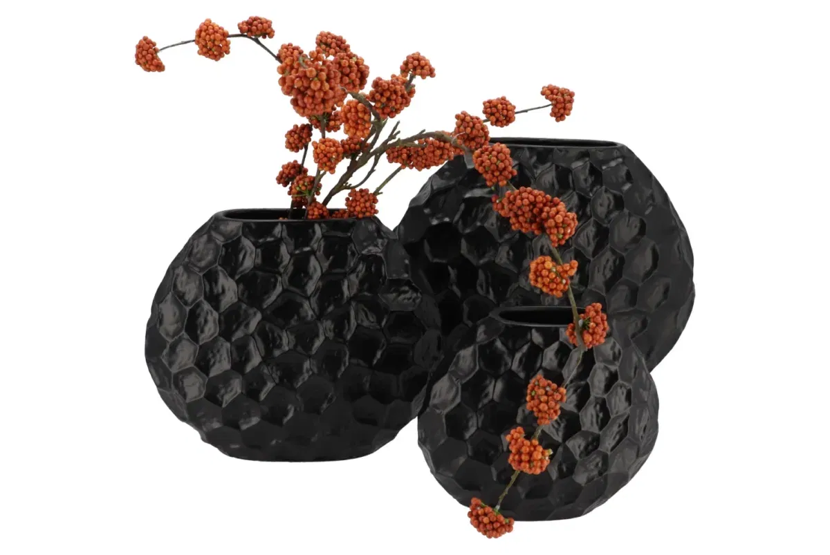 Inga jada black oval vase structure 24x10x20cm vaas ovaal zwart
