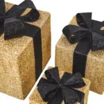 Set van 3 kerst cadeaus Goud Zwart LED 15,20,25 cm