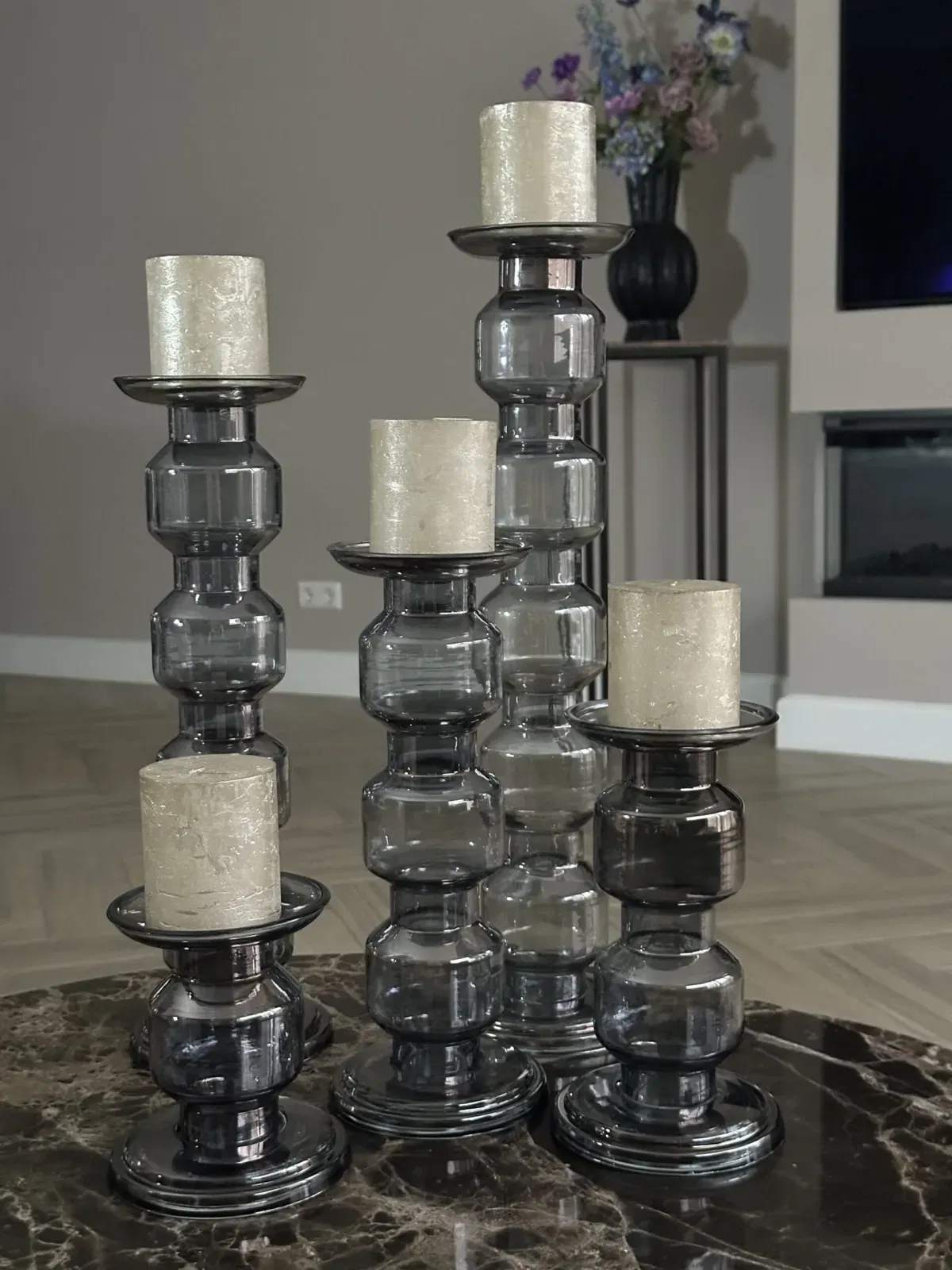 Glazen kandelaar Oyster Rolls Grey luster set 5