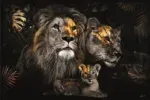 Glasschilderij met leeuwen familie goud zwart en taupe 160x110 cm