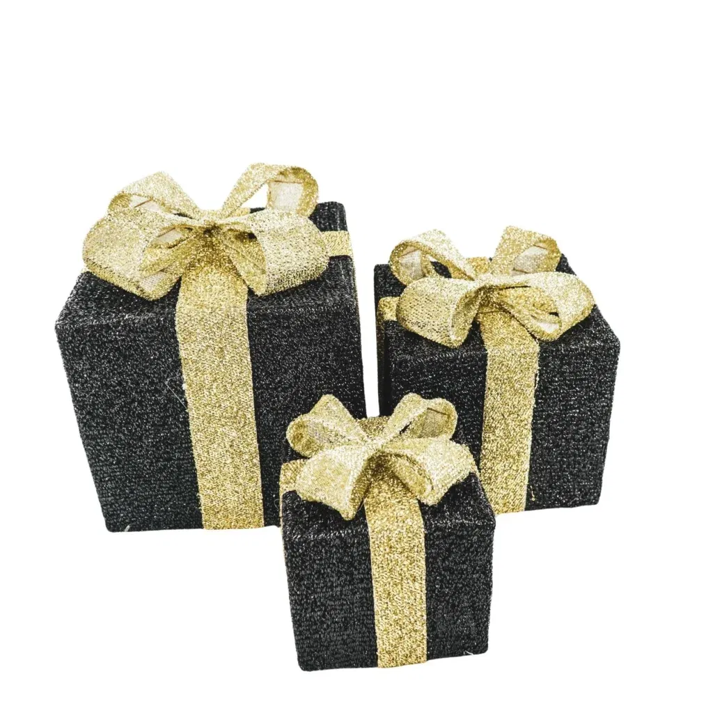Set van 3 kerst cadeaus Zwart Goud LED 15,20,25 cm