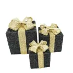 Set van 3 kerst cadeaus Zwart Goud LED 15,20,25 cm