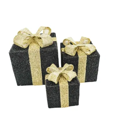 Set van 3 kerst cadeaus Zwart Goud LED 15,20,25 cm