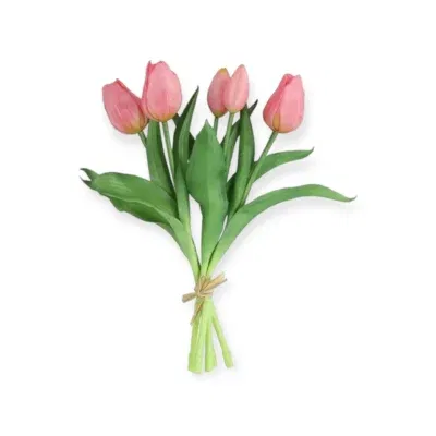 Zijden Tulpen boeket roze Real Touch - 28 cm