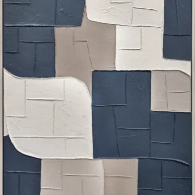 3D wanddecoratie 83x123cm Olieverf met lijst 'Blauwe vakken'