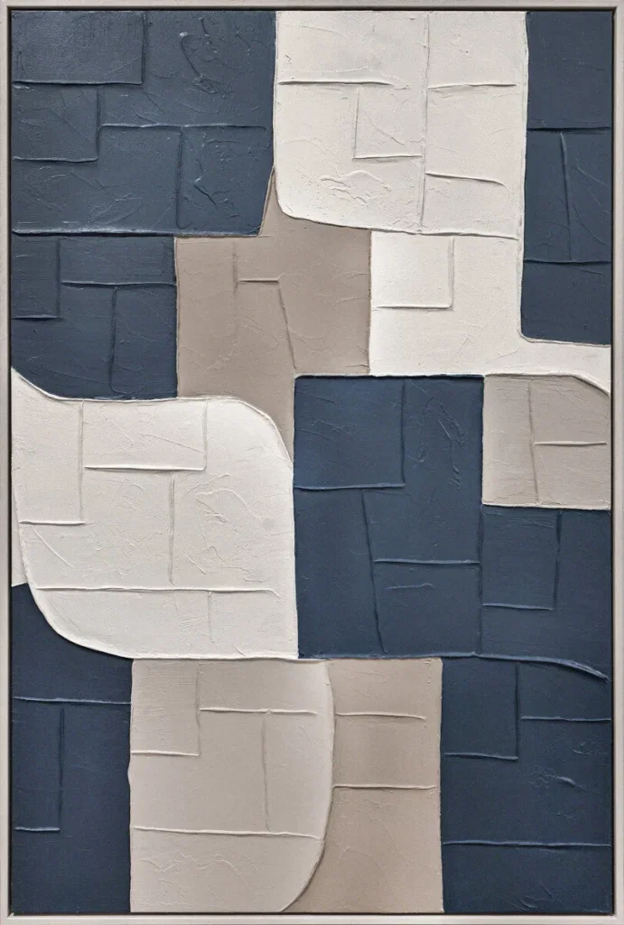 3D wanddecoratie 83x123cm Olieverf met lijst 'Blauwe vakken'
