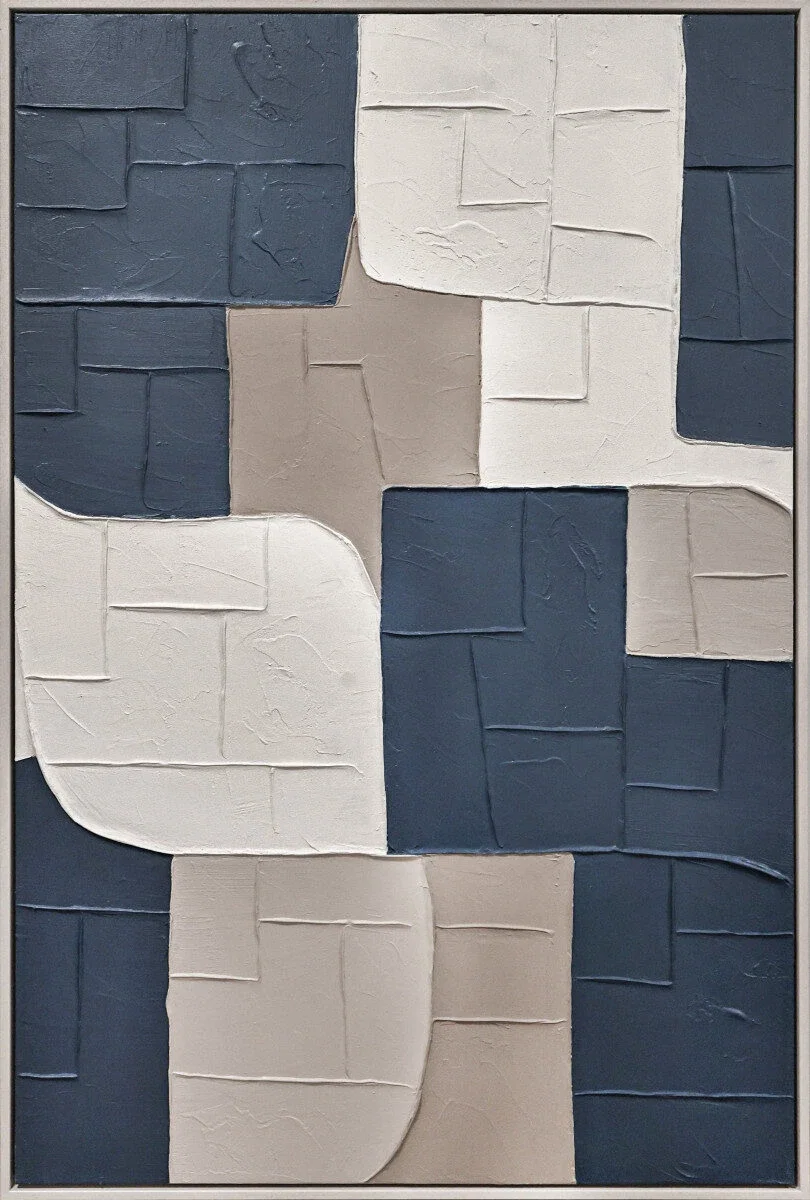 3D wanddecoratie 83x123cm Olieverf met lijst 'Blauwe vakken' 3D wanddecoratie 83x123cm Olieverf met lijst 'Blauwe vakken'