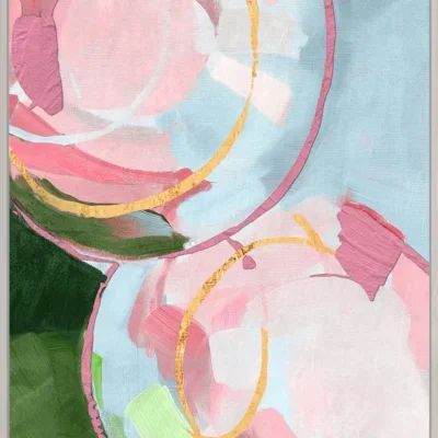 Canvas incl. lijst 80x120cm 'Pink Circles' Materiaal: Acrylverf + Goudfolie