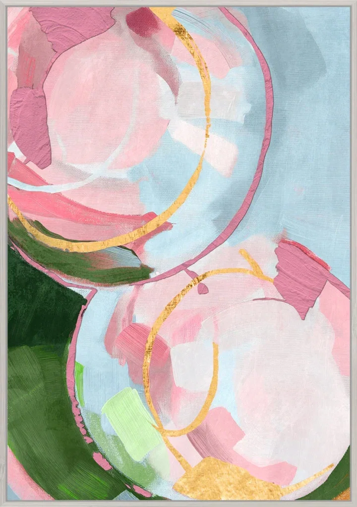 Canvas incl. lijst 80x120cm 'Pink Circles' Materiaal: Acrylverf + Goudfolie