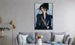 Canvas met lijst vrouw met blauwe tinten 80x120 cm