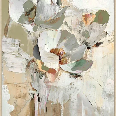 Canvas Schilderij incl. lijst 60x80cm Handgeschilderd 'Witte bloemen'