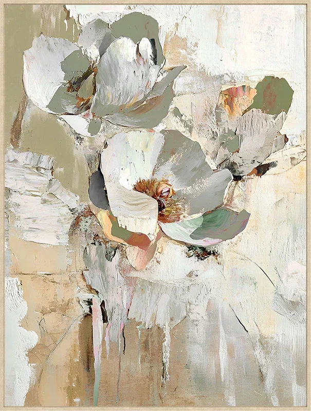 Canvas Schilderij incl. lijst 60x80cm Handgeschilderd 'Witte bloemen'