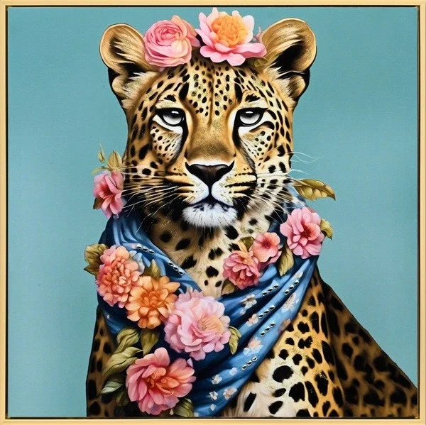 Canvas Schilderij incl. lijst 63x63cm Glitter & glans finish Cheetah