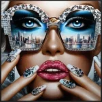 Canvas Schilderij incl. lijst 63x63cm Glitter & glans finish Lady NYC Met Zonnebril