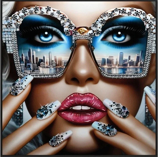 Canvas Schilderij incl. lijst 63x63cm Glitter & glans finish Lady NYC Met Zonnebril