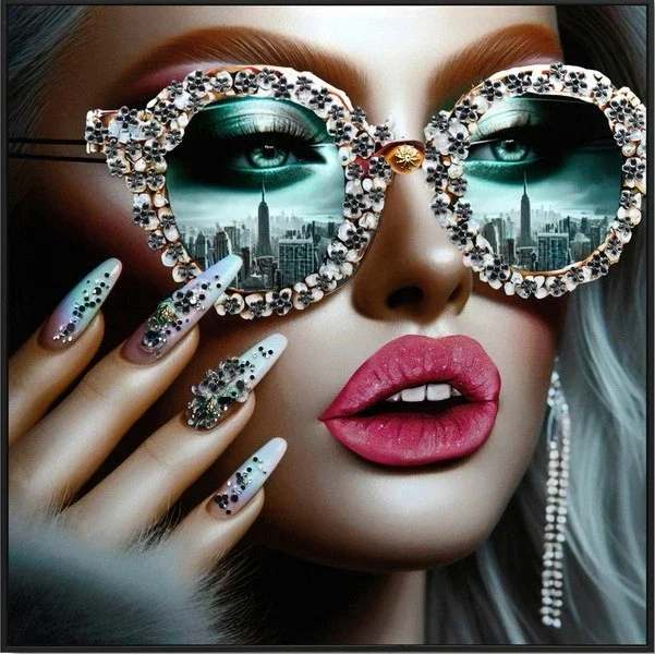 Canvas Schilderij incl. lijst 63x63cm Glitter & glans finish Lady NYC