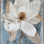 Canvas Schilderij incl. lijst 80x120cm Handgeschilderd 'Blauw met witte bloem'