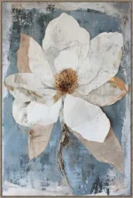 Canvas Schilderij incl. lijst 80x120cm Handgeschilderd 'Blauw met witte bloem'