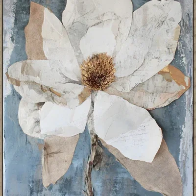 Canvas Schilderij incl. lijst 80x120cm Handgeschilderd 'Blauw met witte bloem'