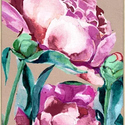 Canvas Schilderij incl. lijst 80x120cm Handgeschilderd 'Roze bloemen'