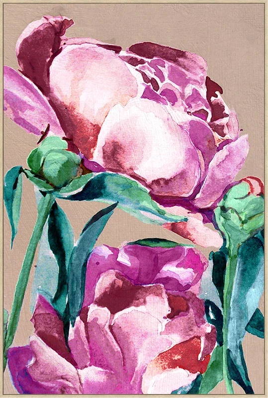 Canvas Schilderij incl. lijst 80x120cm Handgeschilderd 'Roze bloemen'
