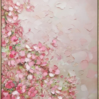 Canvas incl. lijst 80x120cm Handgeschilderd 'Roze bloemen'
