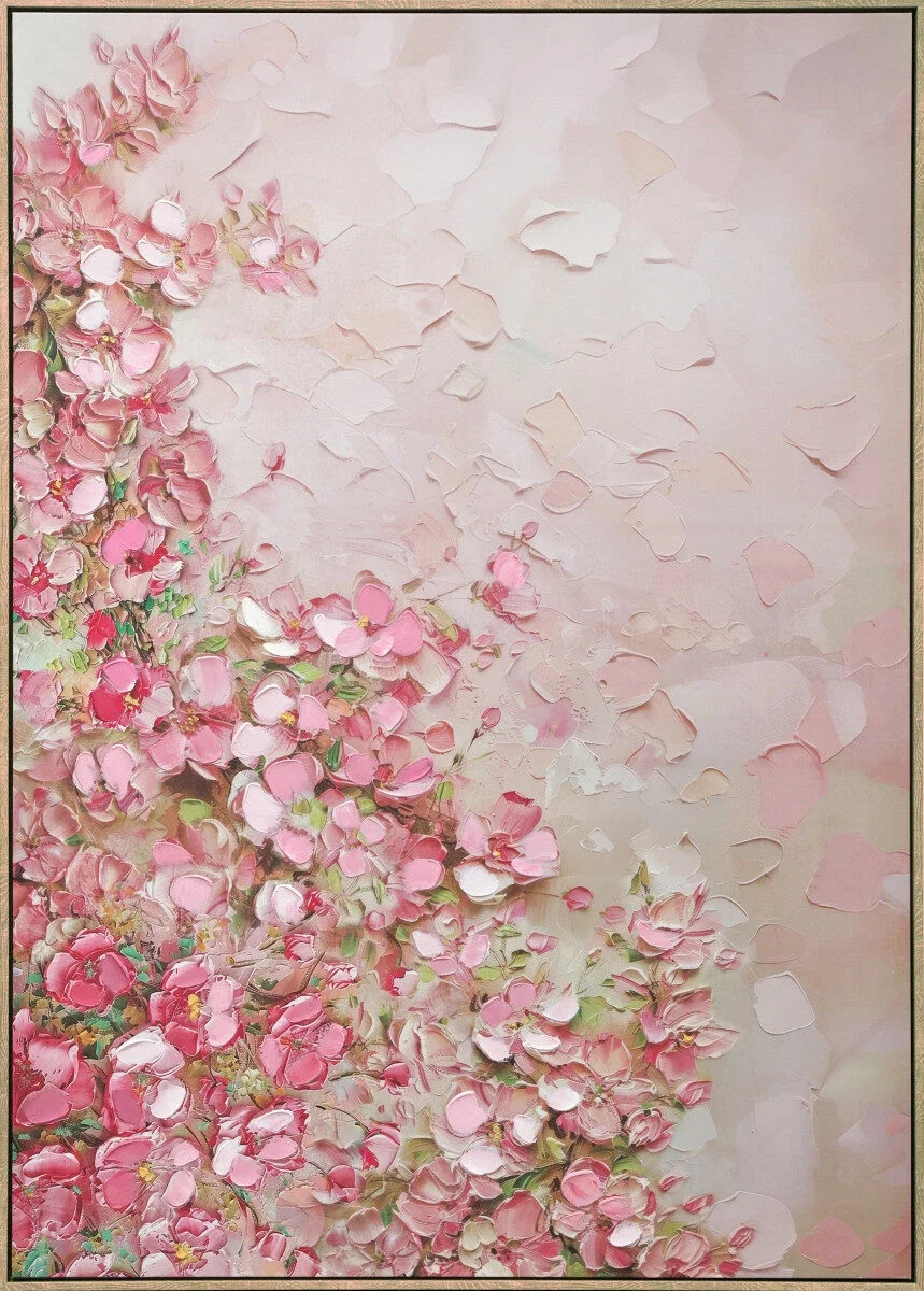 Canvas incl. lijst 80x120cm Handgeschilderd 'Roze bloemen' Canvas incl. lijst 80x120cm Handgeschilderd 'Roze bloemen'