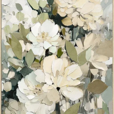 Canvas incl. lijst 80x120cm Handgeschilderd 'Witte bloemen'