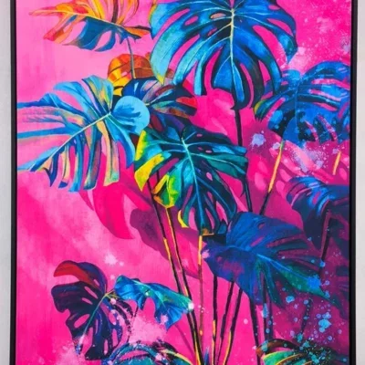 Fluweel geprint incl. lijst 83x123cm 'Blue plant'