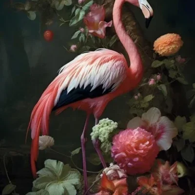 Glasschilderij 110x160cm Flamingo met bloemen