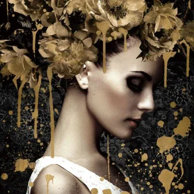 Glasschilderij 110x160cm Vrouw met gouden bloemen