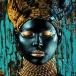 Glasschilderij 110x160cm Vrouw met gouden hoofddoek