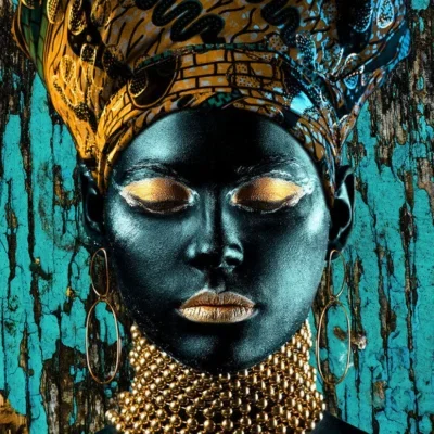 Glasschilderij 110x160cm Vrouw met gouden hoofddoek