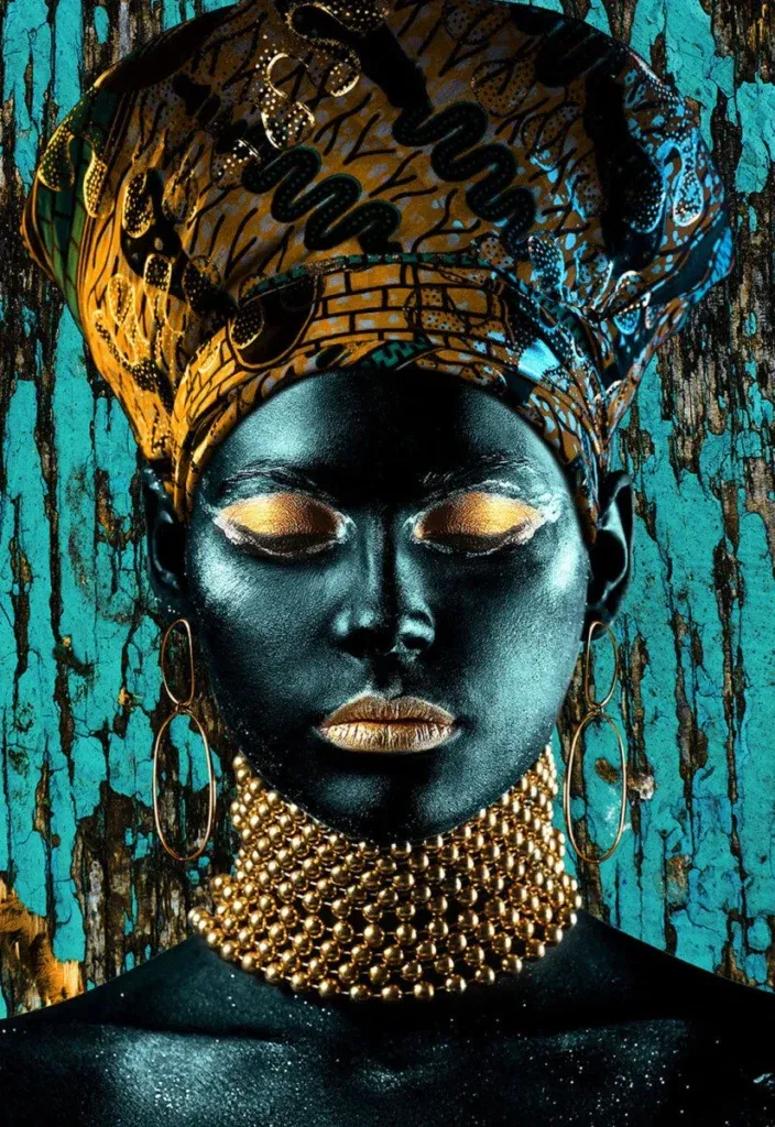 Glasschilderij 110x160cm Vrouw met gouden hoofddoek