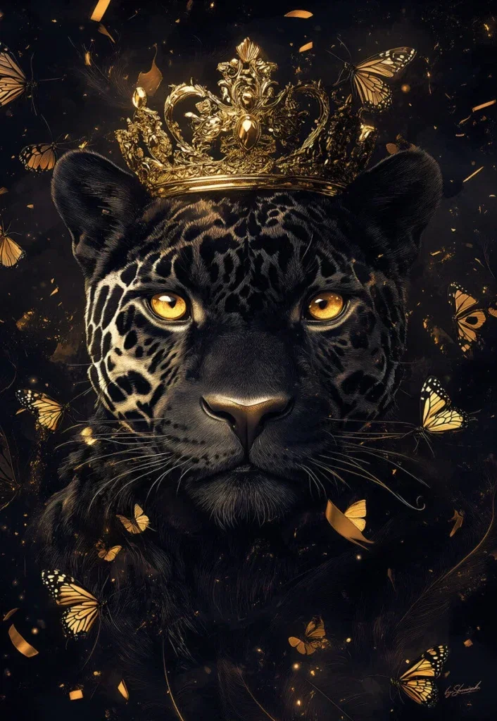 Glasschilderij 110x160cm Zwarte panter met kroon