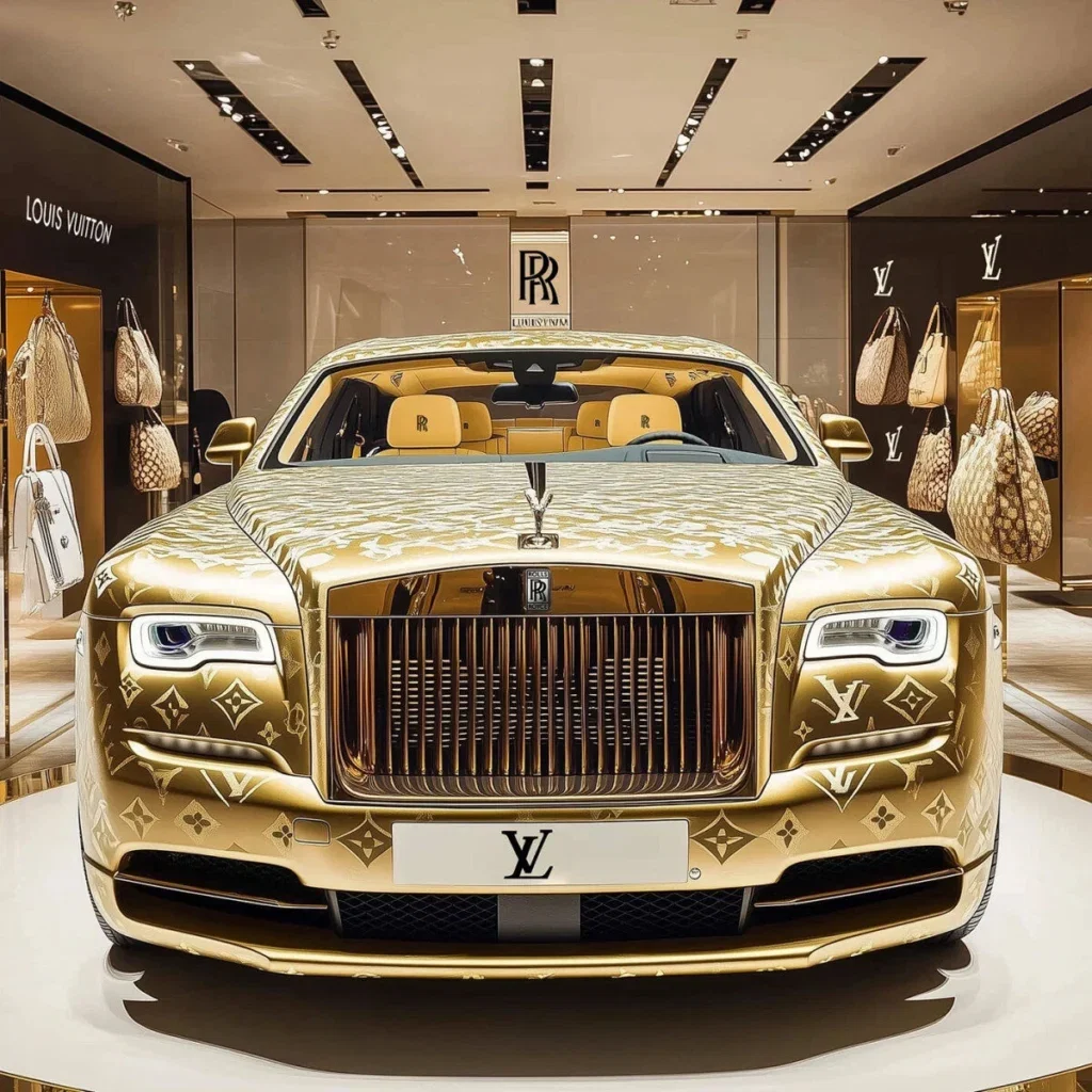Glasschilderij 120x120cm 3D Gouden auto Rolls Royce in winkel