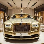 Glasschilderij 120x120cm 3D Gouden auto Rolls Royce in winkel