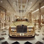 Glasschilderij 120x120cm 3D Gouden auto Rolls Royce in winkelcentrum