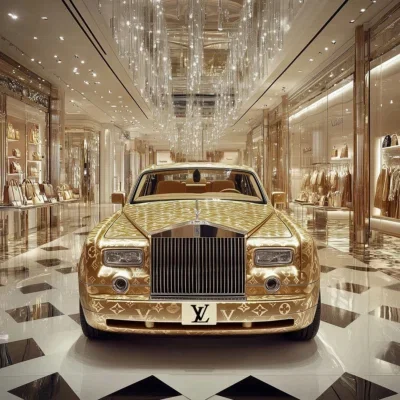 Glasschilderij 120x120cm 3D Gouden auto Rolls Royce in winkelcentrum