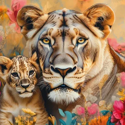 Glasschilderij 120x80cm Artistieke leeuwen liggend