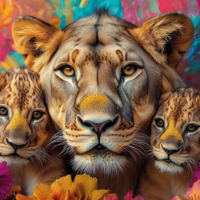 Glasschilderij 120x80cm Artistieke leeuwen tussen de bloemen