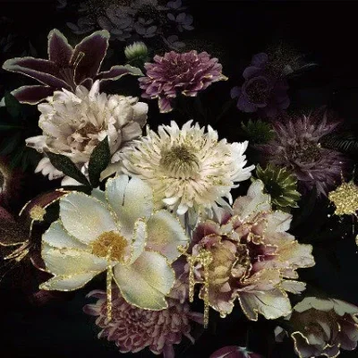 Glasschilderij 120x80cm Bloemen met gouden rand