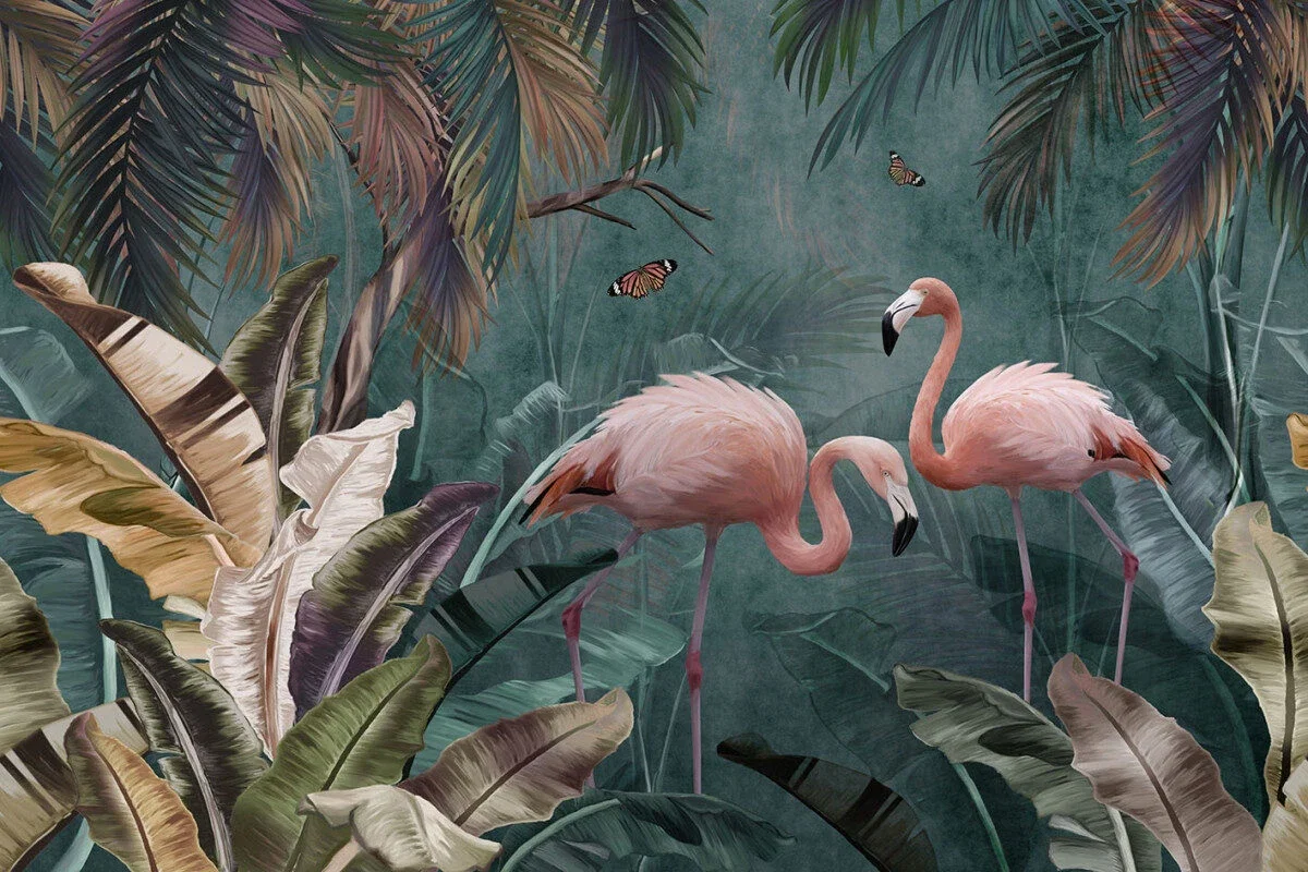 Glasschilderij 120x80cm Flamingo's in het woud Glasschilderij 120x80cm Flamingo's in het woud