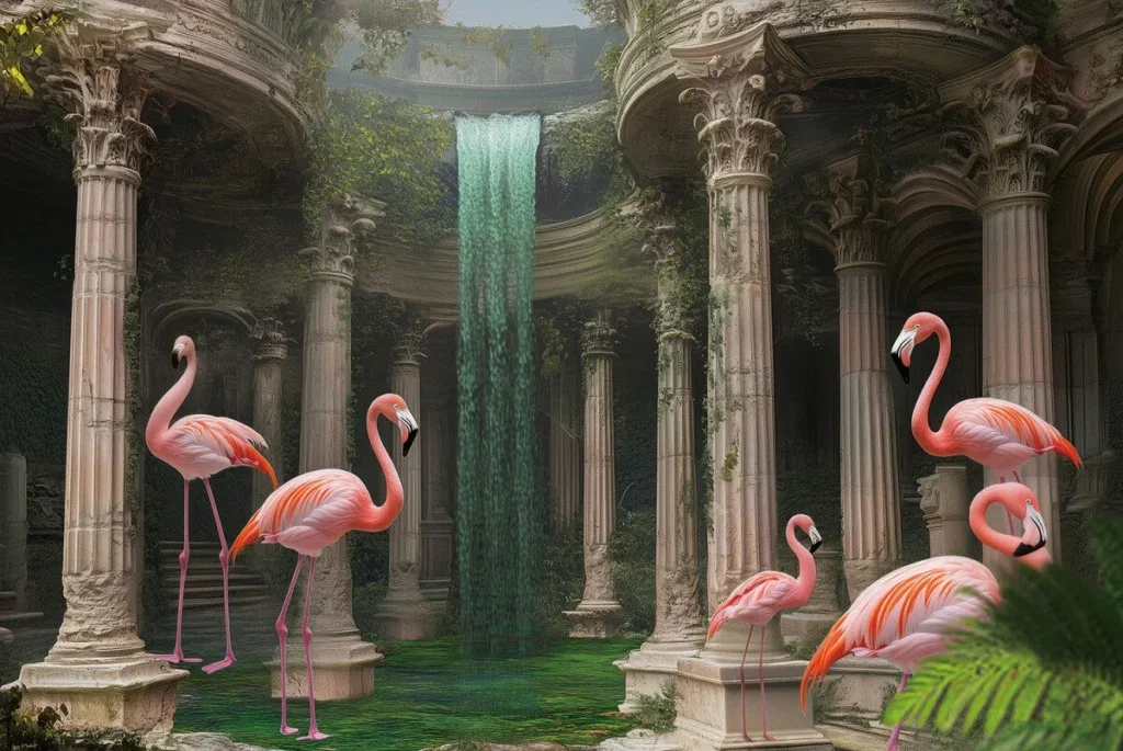 Glasschilderij 120x80cm Flamingo's in ruïne