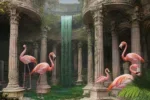 Glasschilderij 120x80cm Flamingo's in ruïne