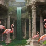 Glasschilderij 120x80cm Flamingo's in ruïne