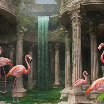 Glasschilderij 120x80cm Flamingo's in ruïne