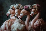 Glasschilderij 120x80cm Flamingos met bloemenhoedjes