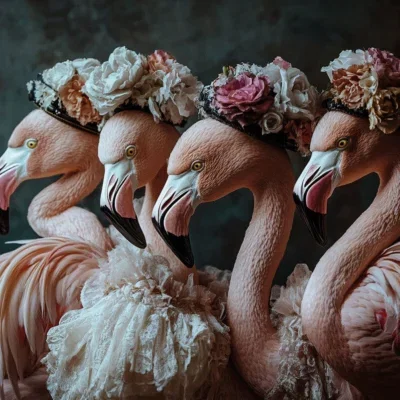 Glasschilderij 120x80cm Flamingos met bloemenhoedjes