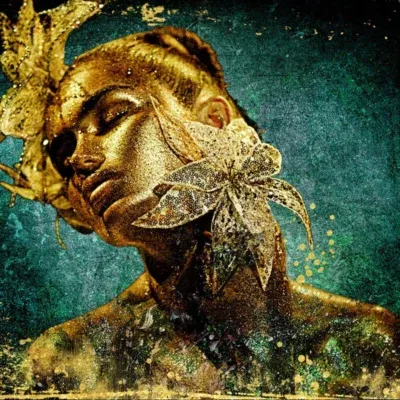 Glasschilderij 120x80cm Goud geschminkte vrouw met bloem